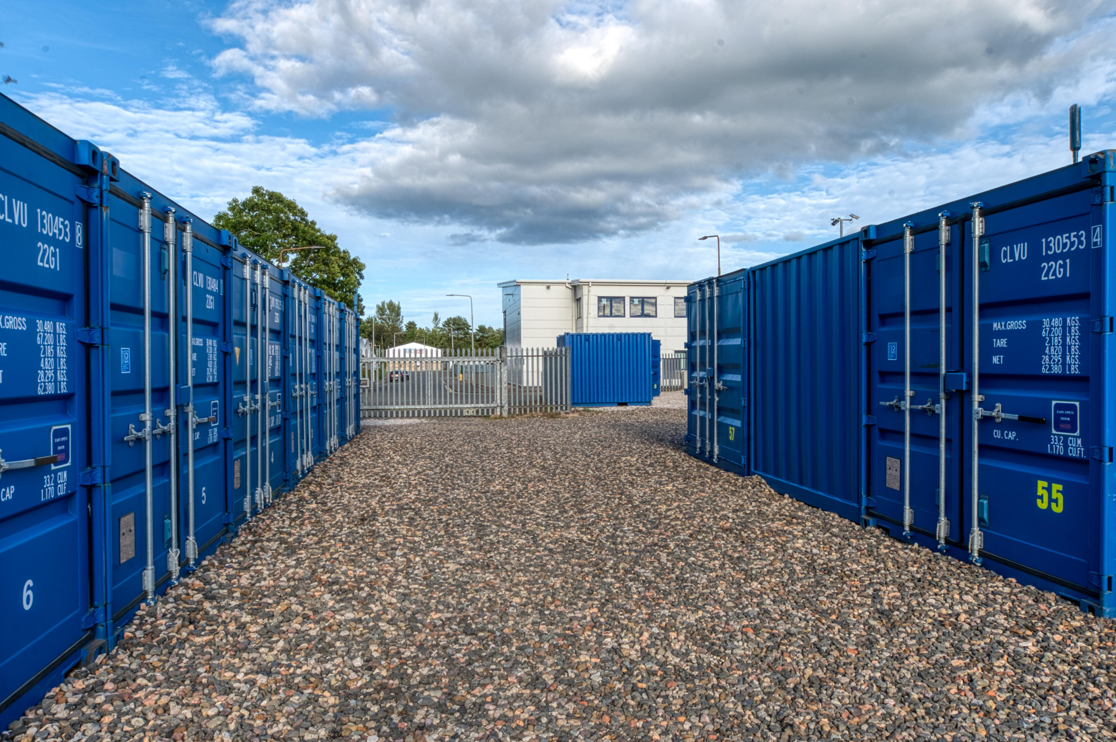 Storage Containers at Mill Road Industrial Estate Linlithgow Two rows of blue storage containers at Mill Road Industrial Estate in Linlithgow.