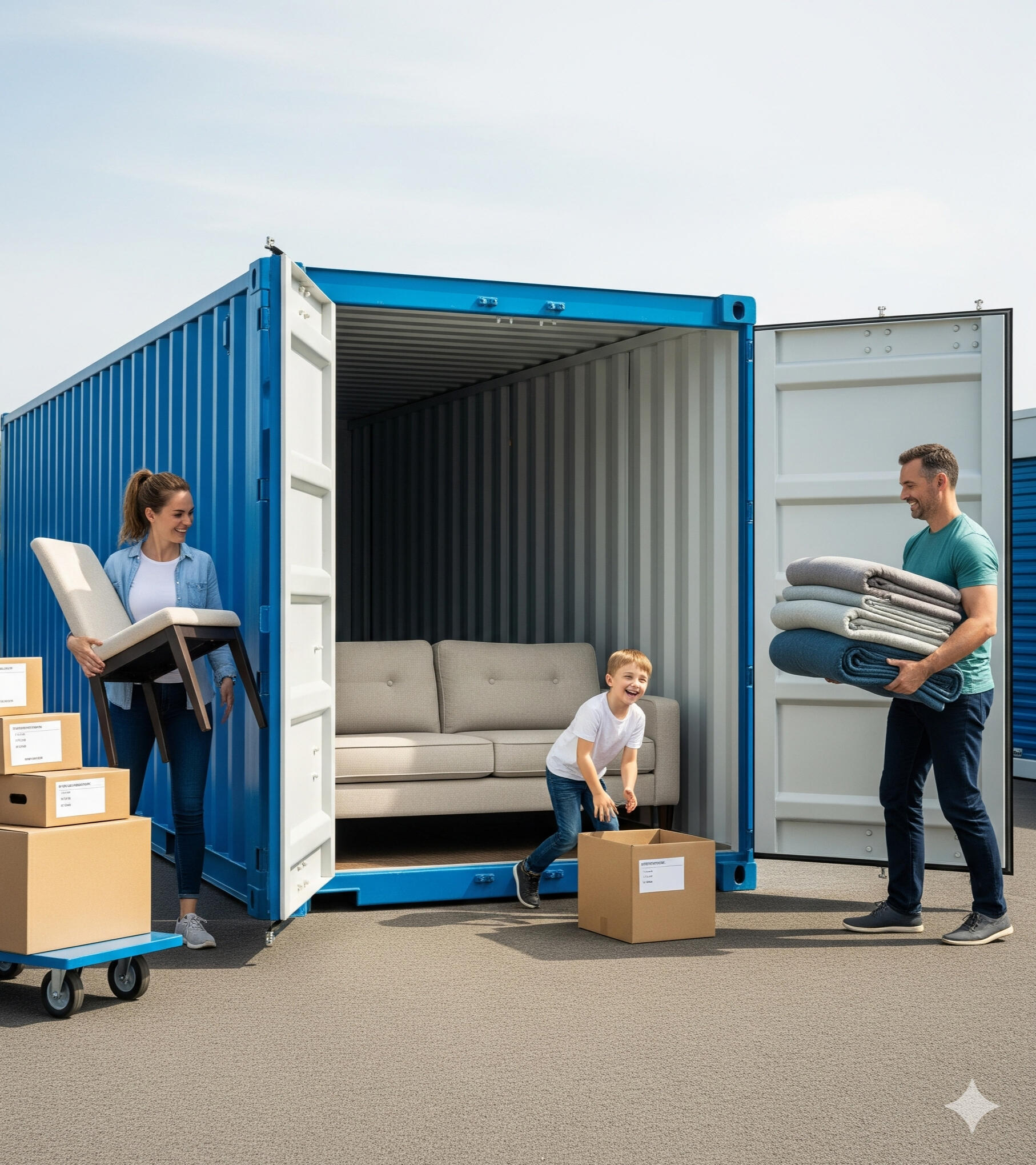 Family loading household items into a self storage container Family loading furniture and boxes into a self storage container