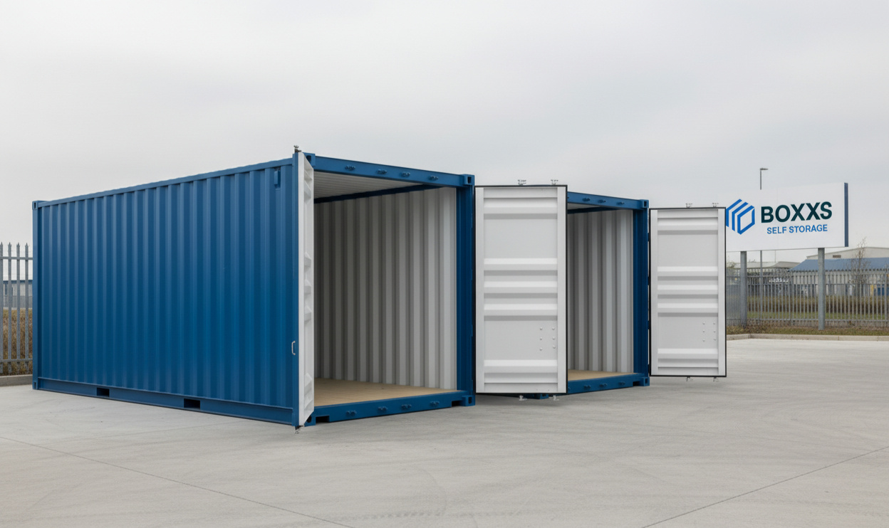 Alternate angle of two self storage containers with doors open in Linlithgow Alternate view of two self storage containers with open doors at the Linlithgow site, offering secure and flexible storage
